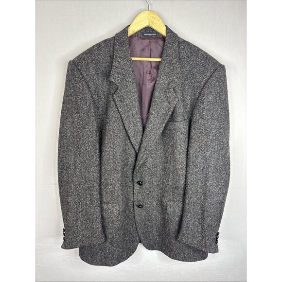 Harris Tweed Blazer 46L Men Hand Woven Scotland Gray Herringbone Wool - Picture 1 of 9